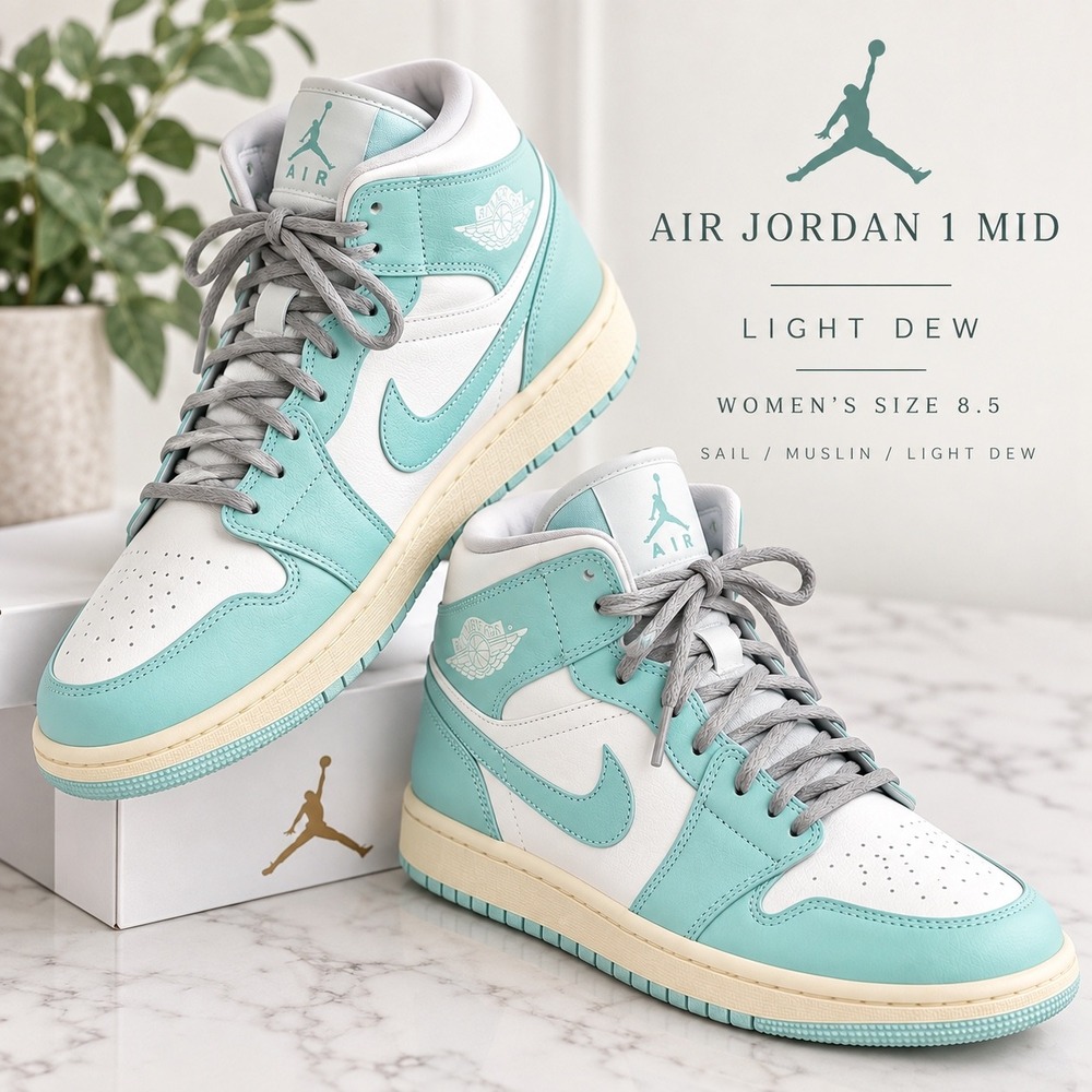 Nike Air Jordan 1 Mid Light Dew Teal White Sneakers BQ6472-132 Womens Size 8.5